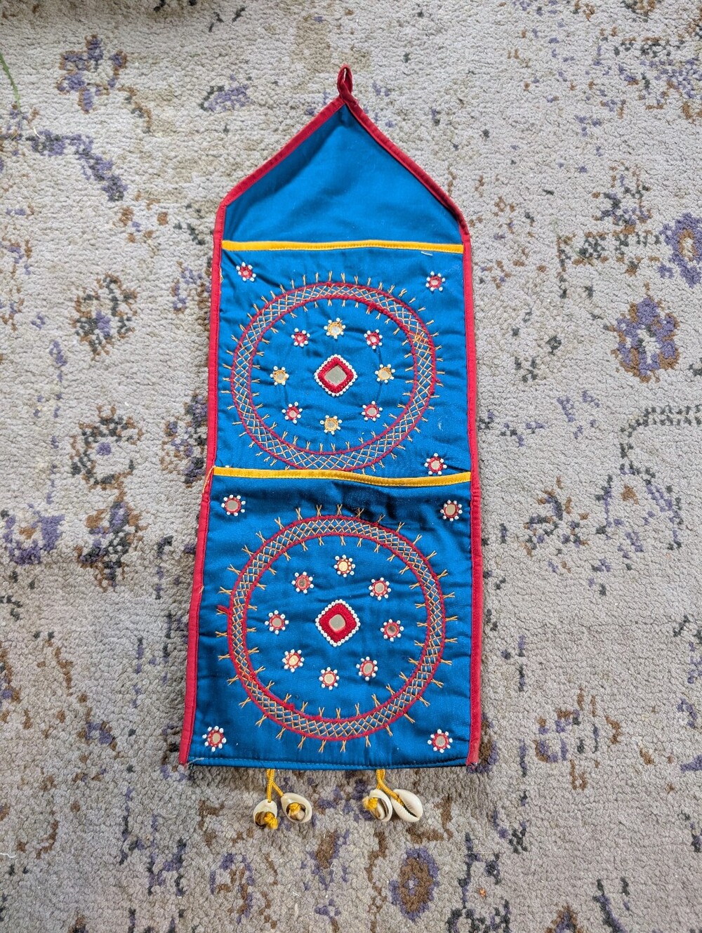 Hanging Wall Organizer Indian Design Shell Embroidered Mirror Blue Red Yellow